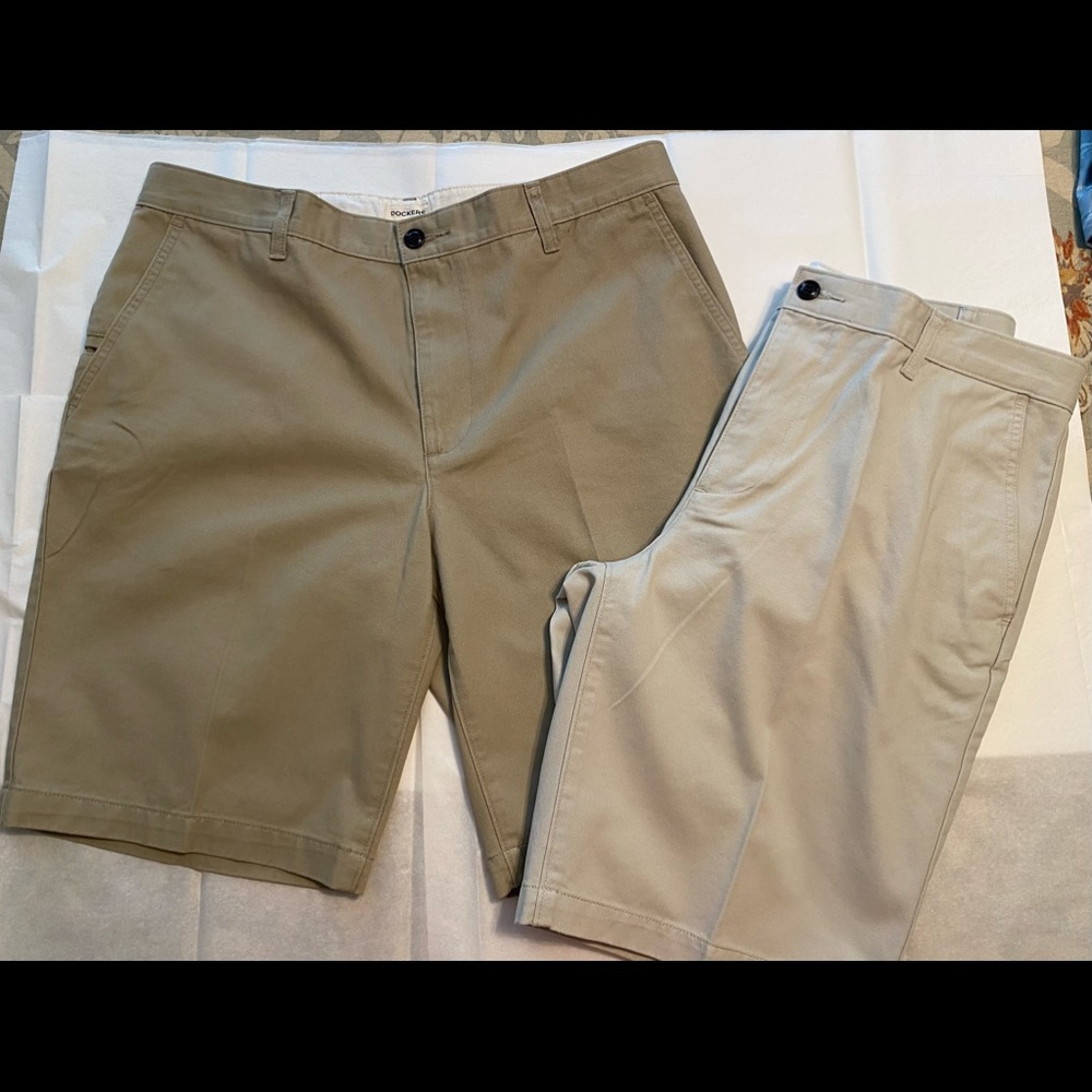 New, never worn. Docker’s Men’s khaki shorts. TWO PAIR. 33 waist.